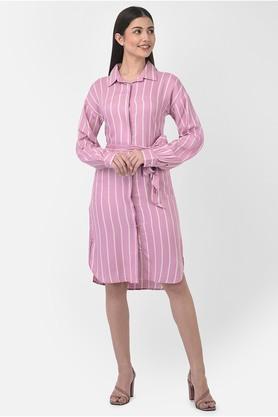 stripes lyocell collar neck women's casual midi dress - pink