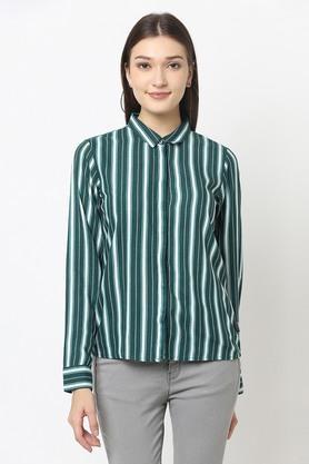 stripes lyocell collar neck womens casual shirt - green