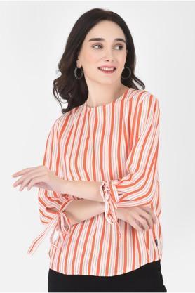 stripes lyocell round neck women's top - orange