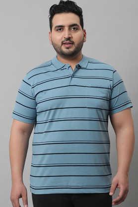 stripes polo neck plus size cotton men's t-shirt with pocket - blue