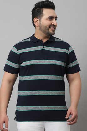 stripes polo neck plus size cotton men's t-shirt with pocket - navy