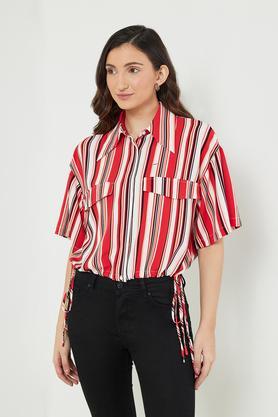 stripes polyester collar neck women's shirt - red