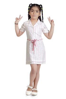 stripes polyester collared girls casual wear dress - pink