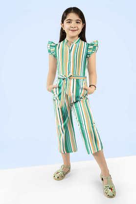 stripes polyester collared girls casual wear jumpsuit - leaf green