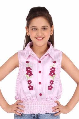 stripes polyester collared neck girls top - pink