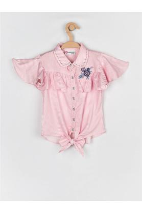 stripes polyester collared neck girls top - pink