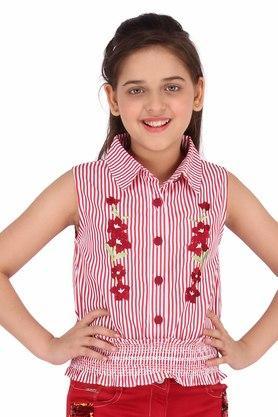 stripes polyester collared neck girls top - red