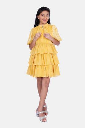 stripes polyester regular fit girls party wear dress - mustard