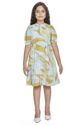 stripes polyester round neck girl's casual wear dress - mustard