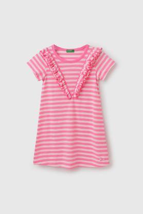 stripes polyester round neck girls casual dress - pink