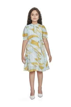 stripes polyester round neck girls casual wear dress - mustard