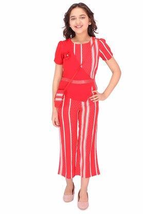 stripes polyester round neck girls casual wear jumpsuits - red