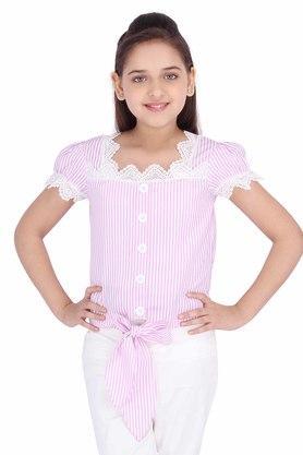 stripes polyester round neck girls regular top - pink