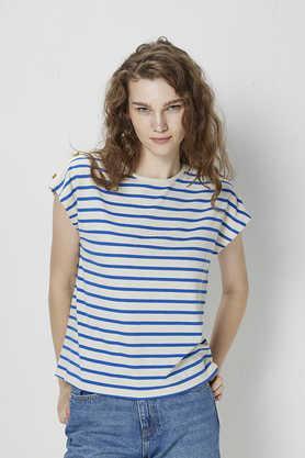 stripes polyester round neck women's t-shirt - white