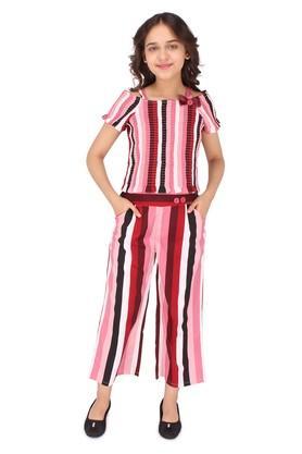 stripes polyester square neck girls casual wear set - maroon