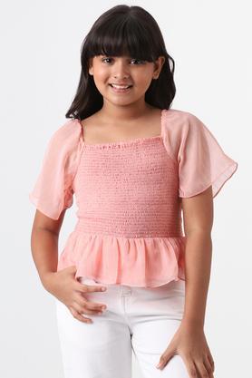 stripes polyester square neck girls top - coral