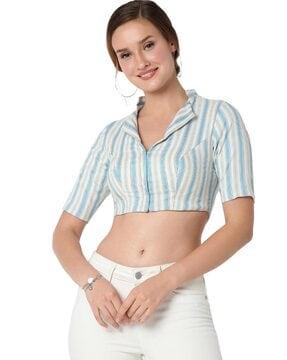 stripes print front open blouse