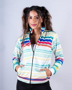 stripes print zip-front track jacket