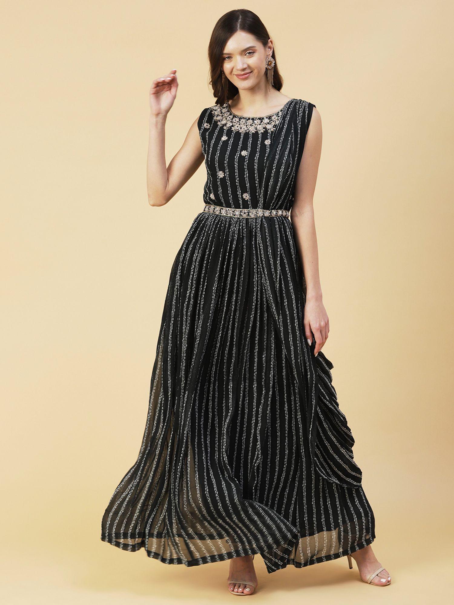 stripes printed & floral hand embroidered fit & flare maxi dress - black (set of 2)