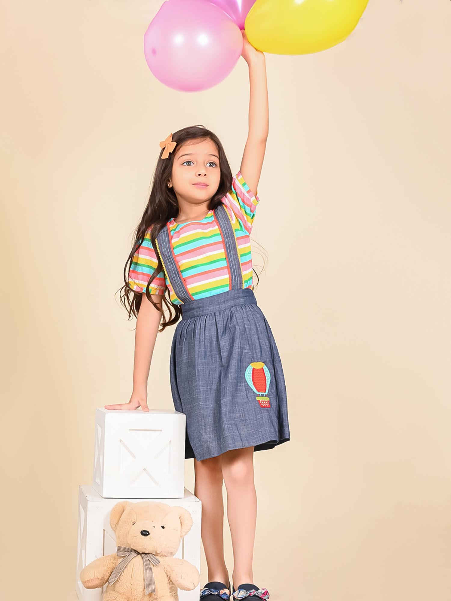 stripes printed top with denim dungaree skirt multi-color (set of 2)