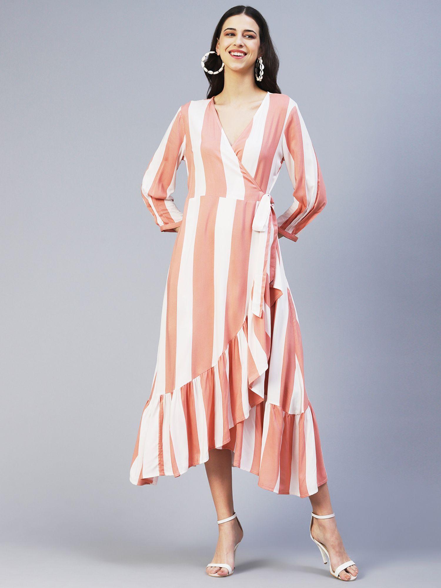 stripes printed wrap style maxi dress peach