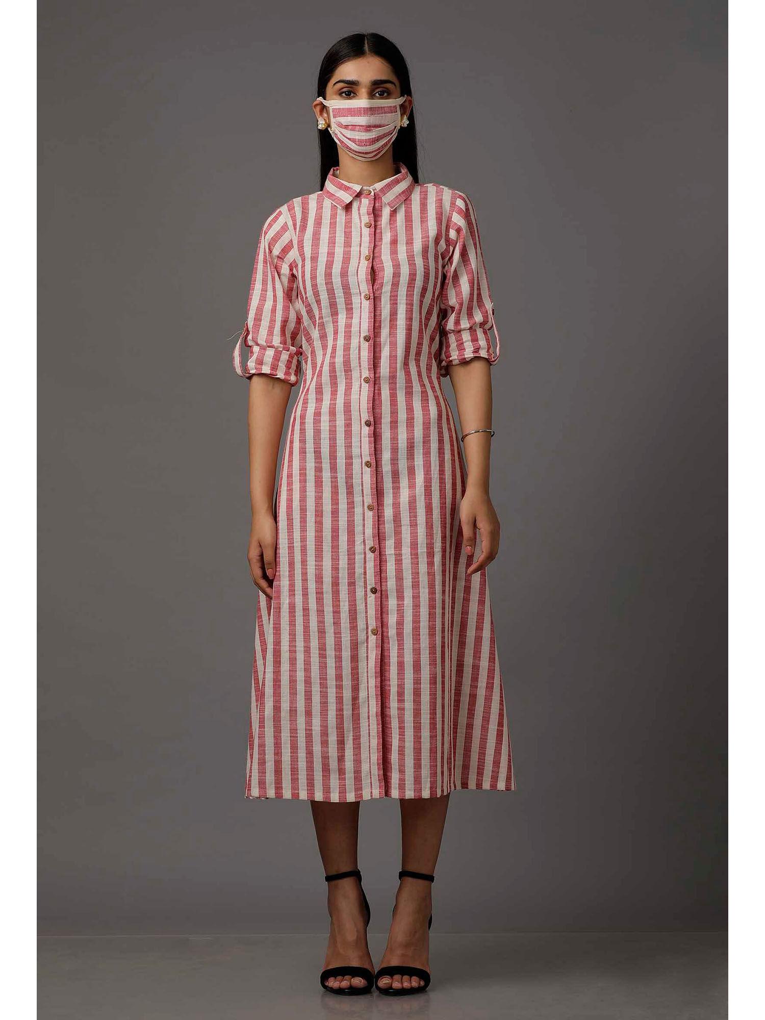 stripes pure woven cotton dress & belt with complimentary mask (set of 3)