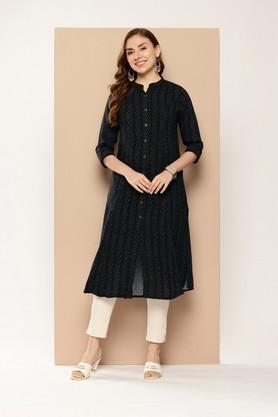 stripes rayon collared women's casual wear kurta - black