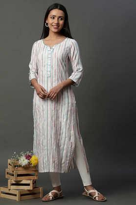 stripes rayon round neck women's casual wear kurta - multi