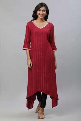 stripes rayon v neck women's festive wear kurta - maroon