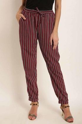 stripes regular fit polyester women's casual wear trousers - maroon