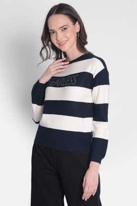 stripes round neck acrylic women's casual wear pullover - navy