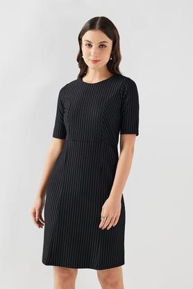 stripes round neck blended fabric women's dress - black