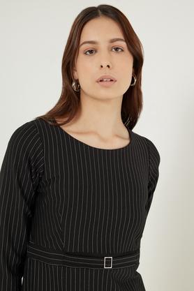 stripes round neck blended fabric women's dress - black