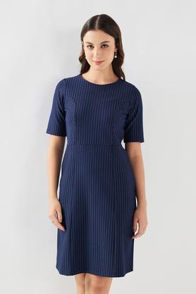 stripes round neck blended fabric women's dress - navy