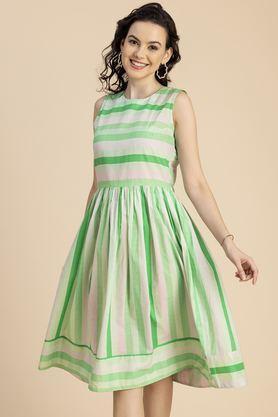 stripes round neck cotton women's knee length dress - green