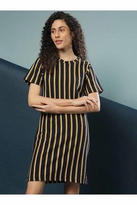 stripes round neck cotton womens dresses - black