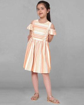 stripes round-neck flared dress