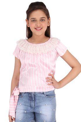 stripes round neck girls top - pink