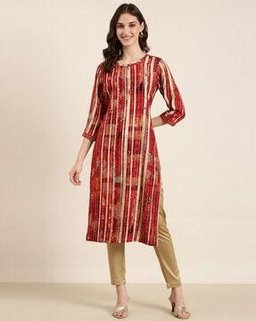 stripes round-neck knee length straight kurta