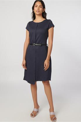 stripes round neck poly blend women's straight fit knee length dress - navy