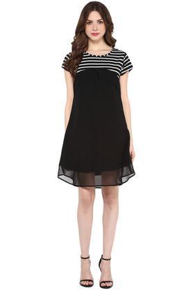 stripes round neck polyester women's above knee dress - black