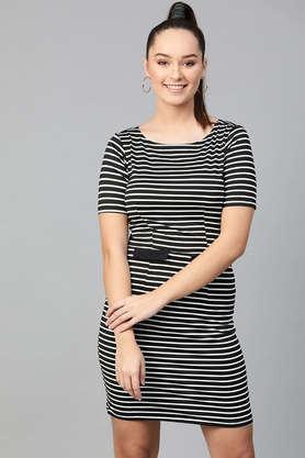 stripes round neck polyester women's above knee dress - black