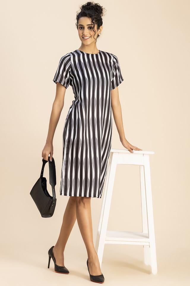 stripes round neck polyester womens knee length dress