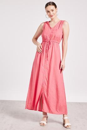 stripes round neck viscose linen women's midi dress - coral