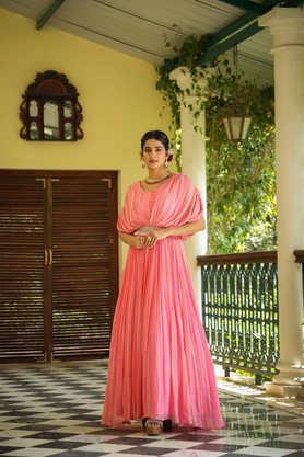 stripes silk v-neck women's ethnic dress - pink