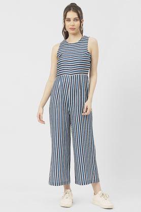 stripes sleeveless linen women's full length jumpsuit - blue