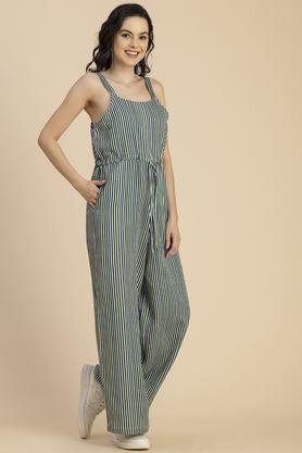 stripes sleeveless linen women's full length jumpsuit - green