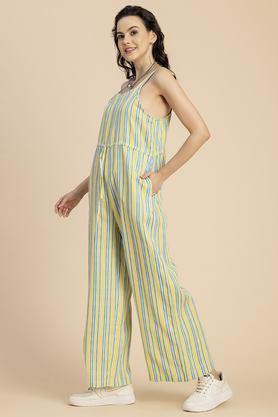 stripes sleeveless linen women's full length jumpsuit - yellow