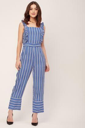 stripes sleeveless rayon women's full length jumpsuit - blue