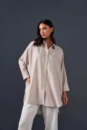 stripes spread collar cotton women's casual wear shirt - natural